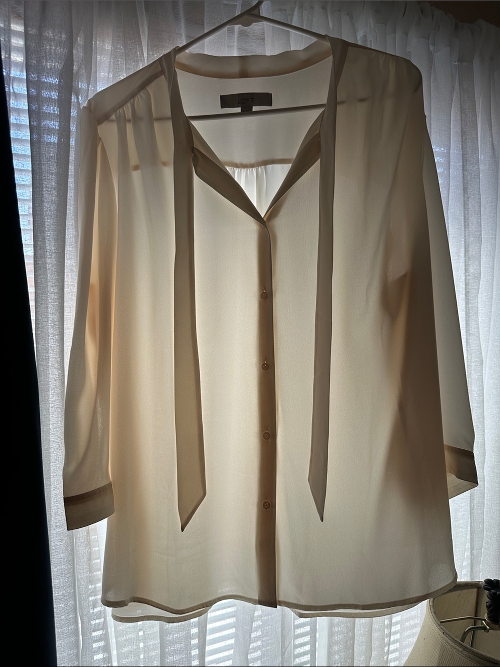 LOFT Cream Tie-Neck Blouse - Sheer Long-Sleeve Top